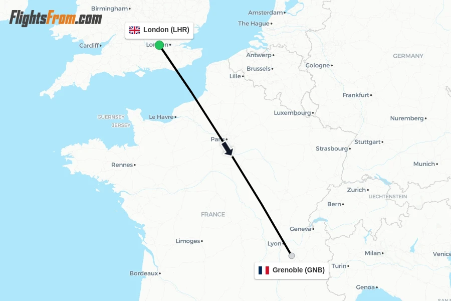Flights from London to Grenoble route map