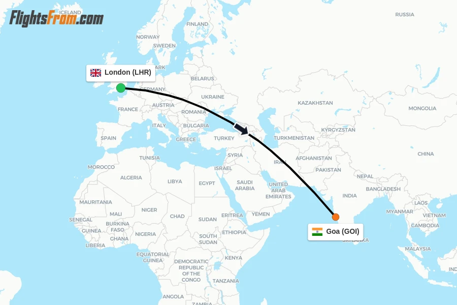 Flights from London to Goa route map