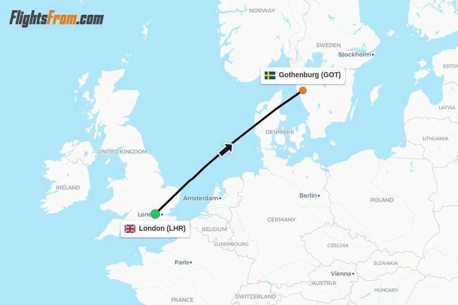 Flights from London to Gothenburg route map