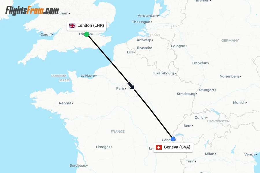 Flights from London to Geneva route map