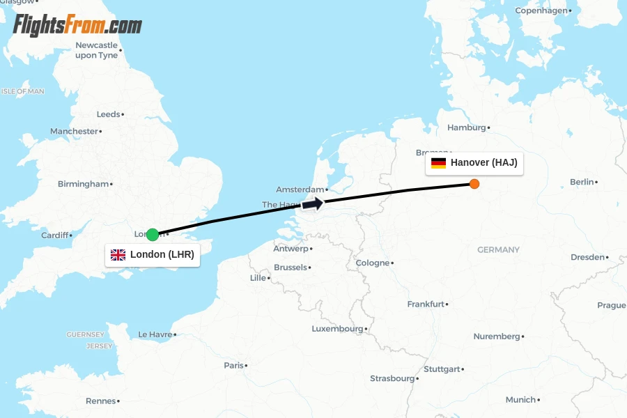 Flights from London to Hanover route map