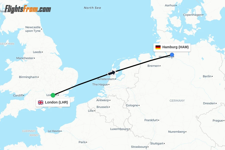 Flights from London to Hamburg route map