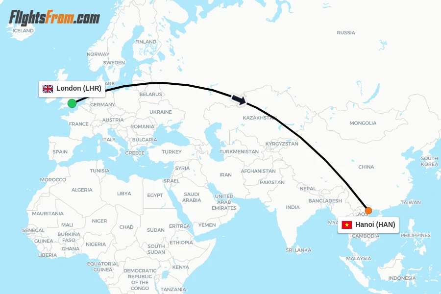 Flights from London to Hanoi route map