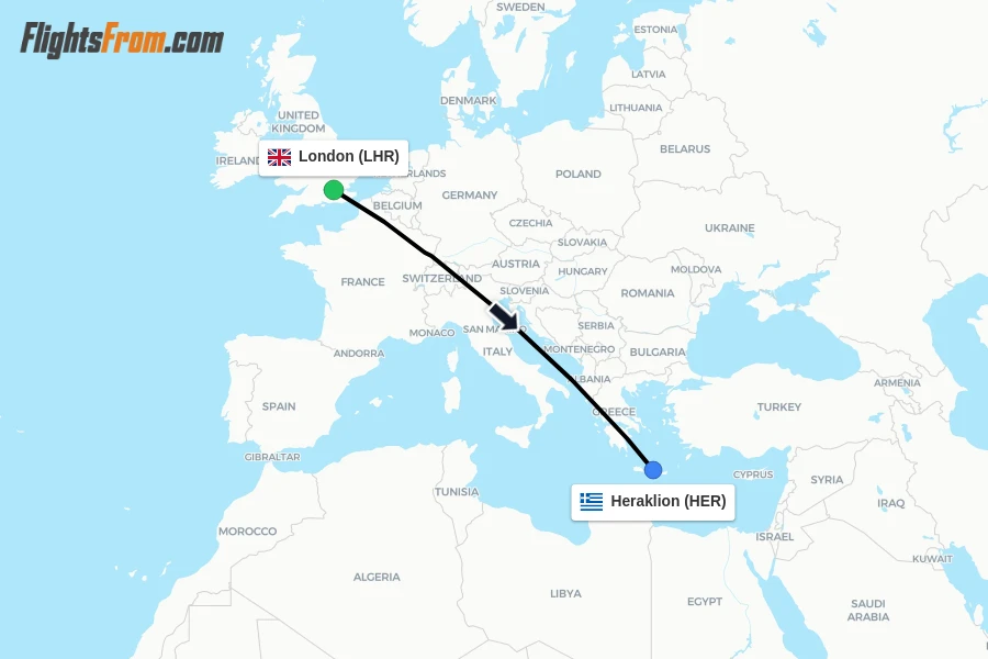 Flights from London to Heraklion route map