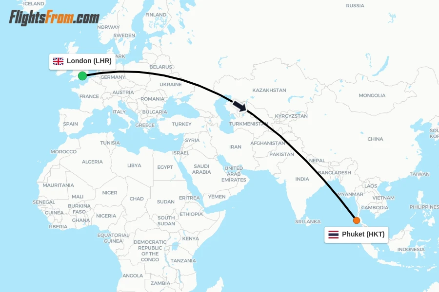 Flights from London to Phuket route map