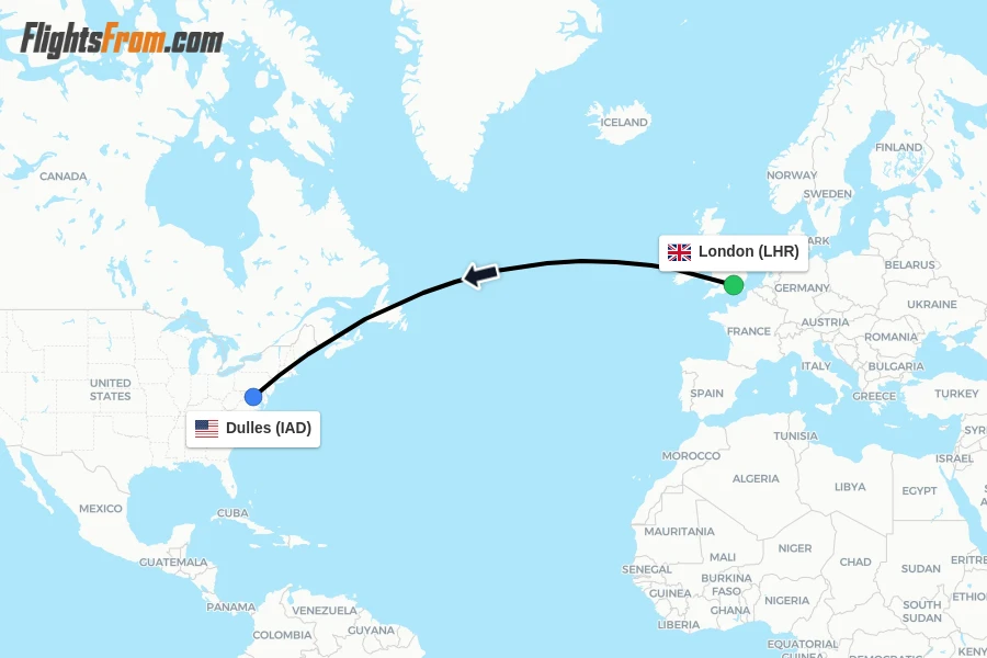 Flights from London to Dulles route map
