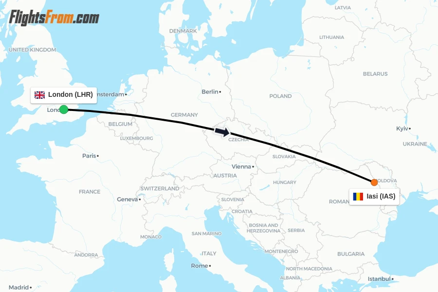 Flights from London to Iasi route map