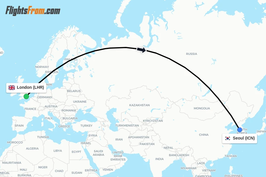 Flights from London to Seoul route map
