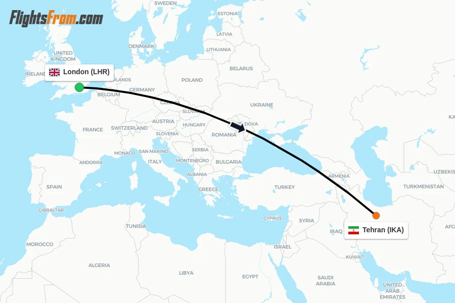 Flights from London to Tehran route map