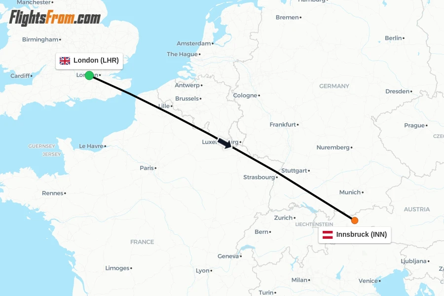 Flights from London to Innsbruck route map