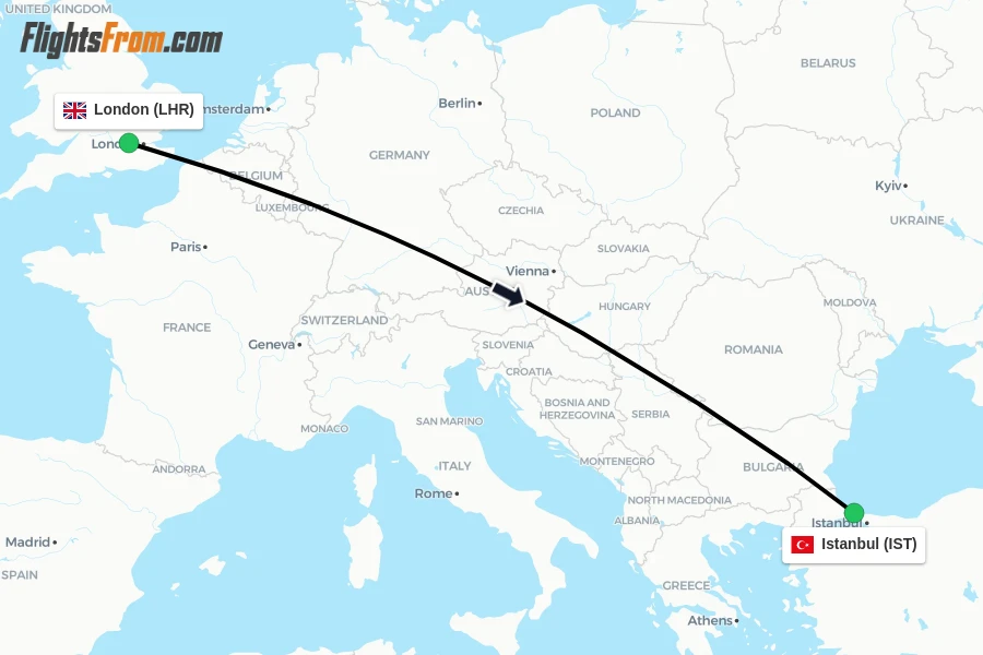 Flights from London to Istanbul route map