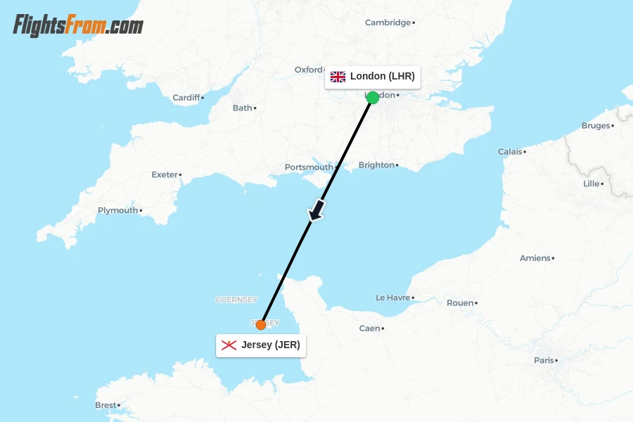 Flights from London to Jersey route map