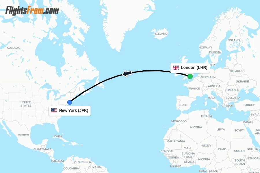 Flights from London to New York route map