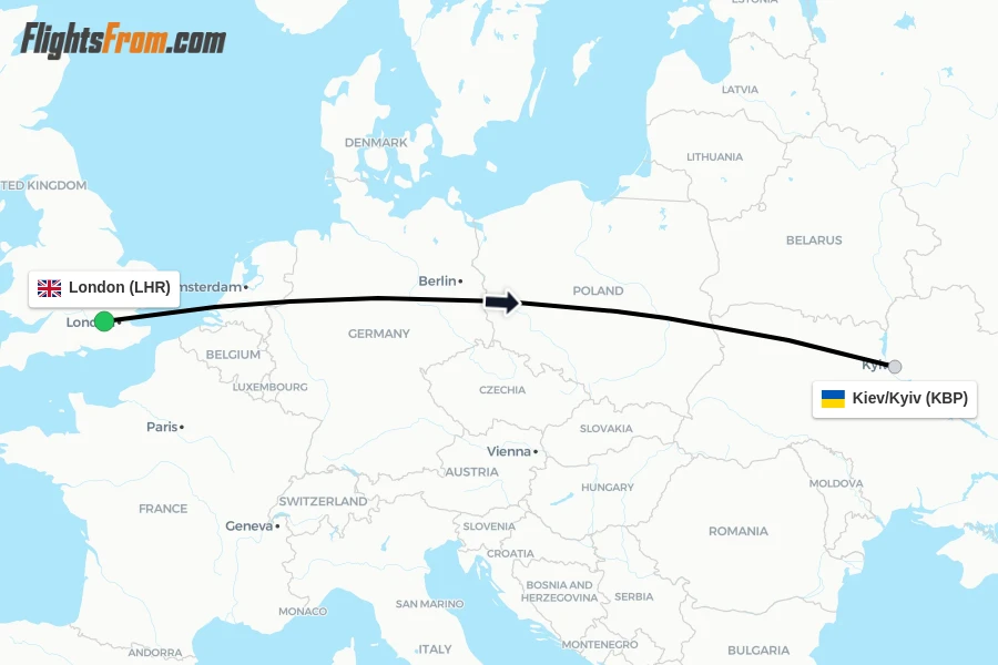 Flights from London to Kiev/Kyiv route map