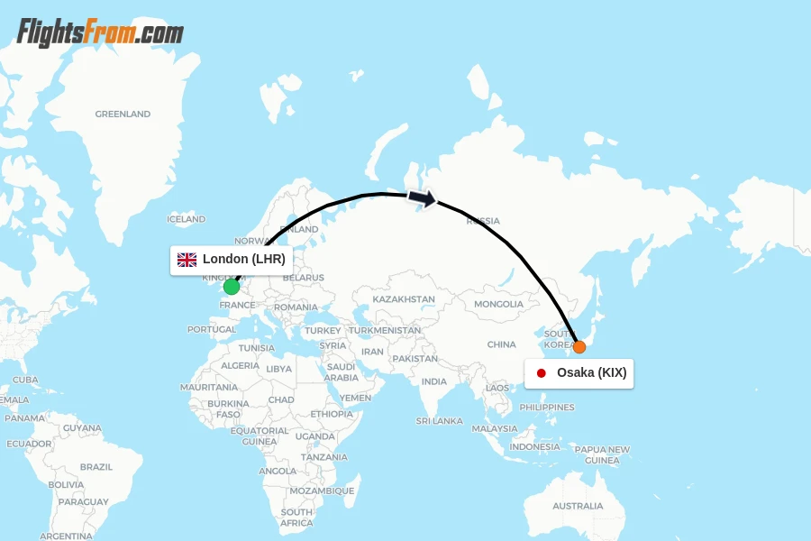 Flights from London to Osaka route map