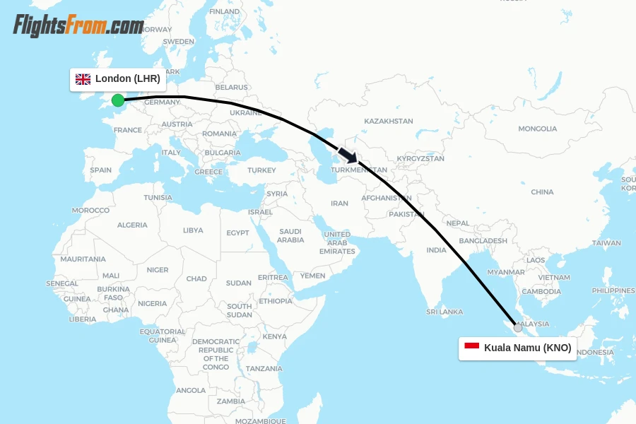 Flights from London to Kuala Namu route map