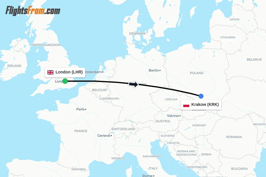 Flights from London to Krakow route map
