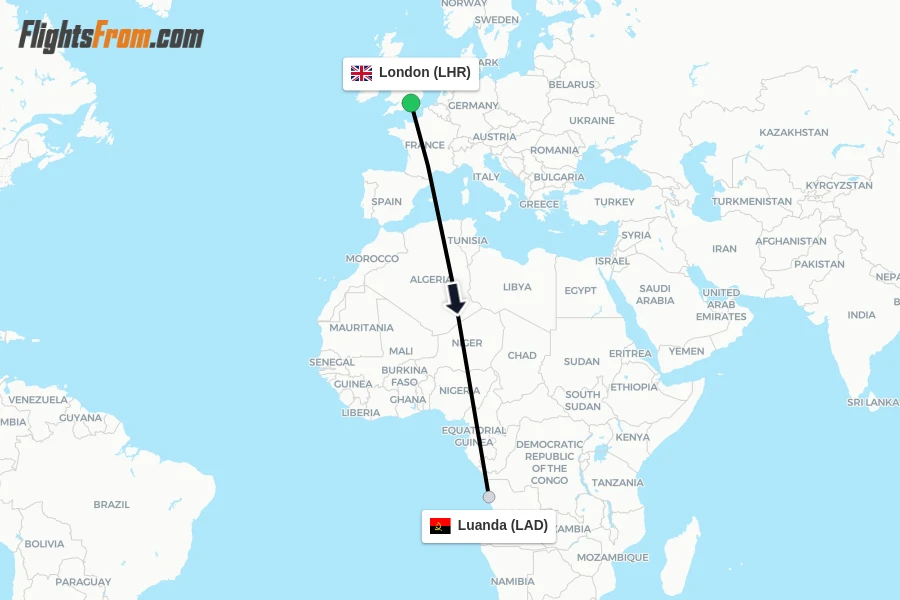 Flights from London to Luanda route map