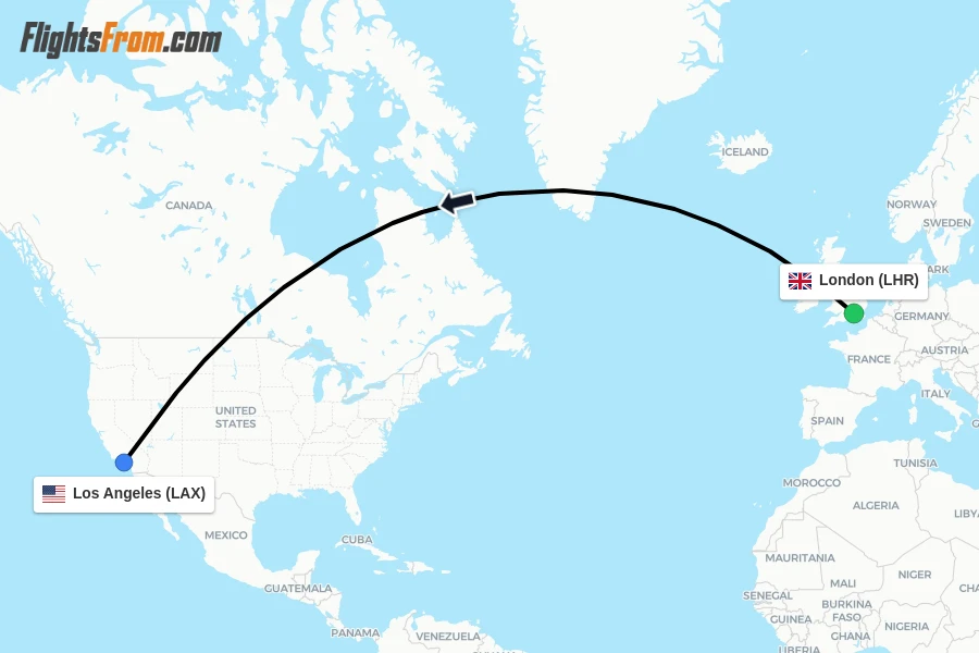 Flights from London to Los Angeles route map