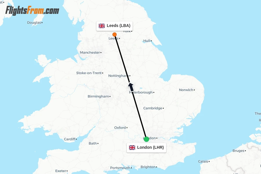 Flights from London to Leeds route map