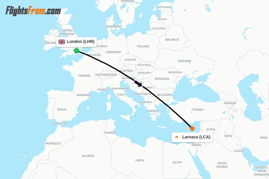 Flights from London to Larnaca route map
