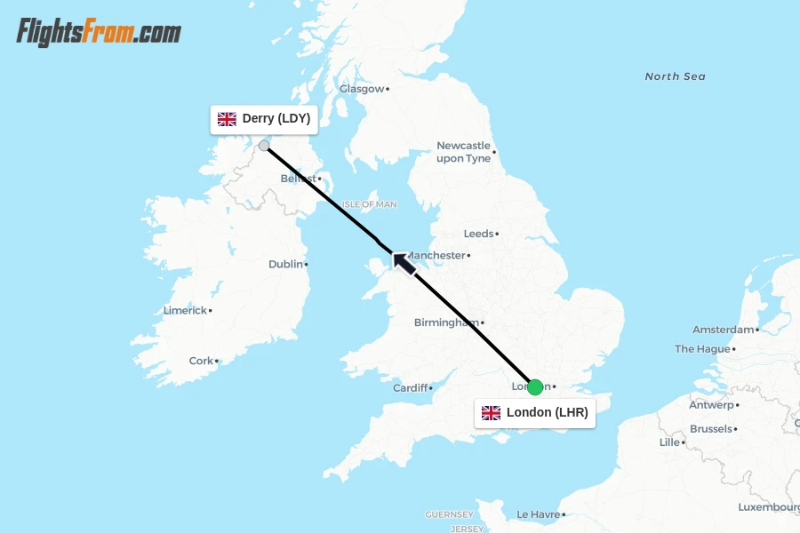 Flights from London to Derry route map