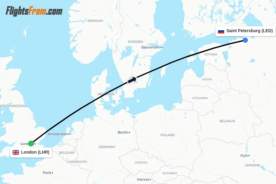 Flights from London to Saint Petersburg route map
