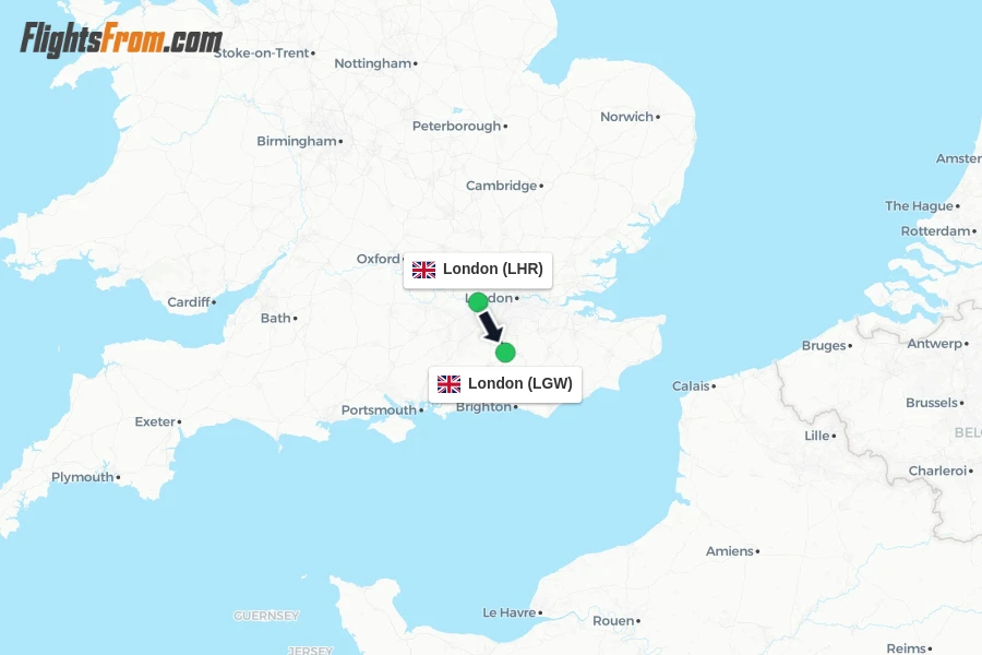 Flights from London to London route map