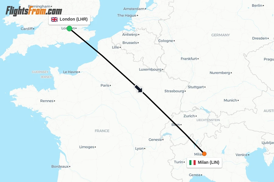 Flights from London to Milan route map