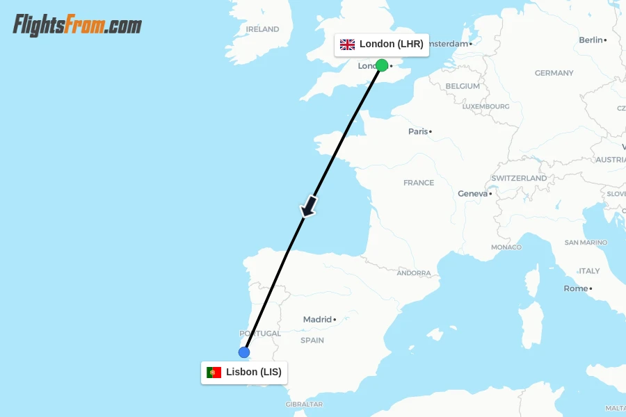 Flights from London to Lisbon route map