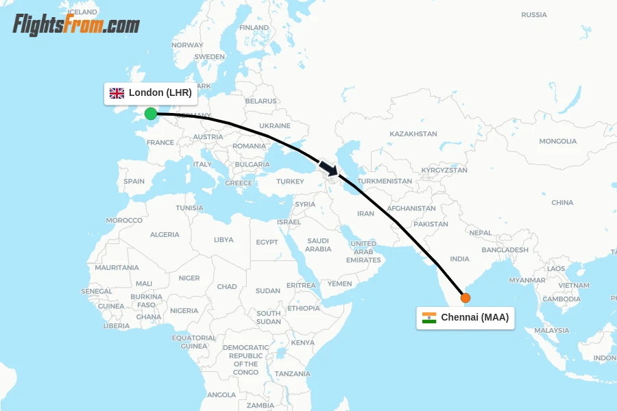 Flights from London to Chennai route map