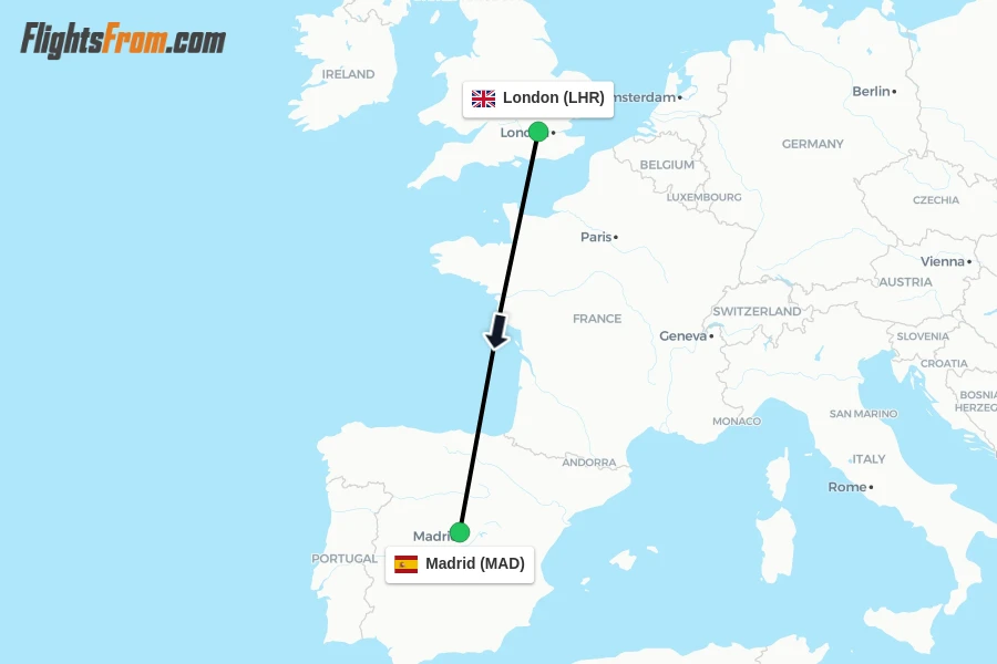 Flights from London to Madrid route map