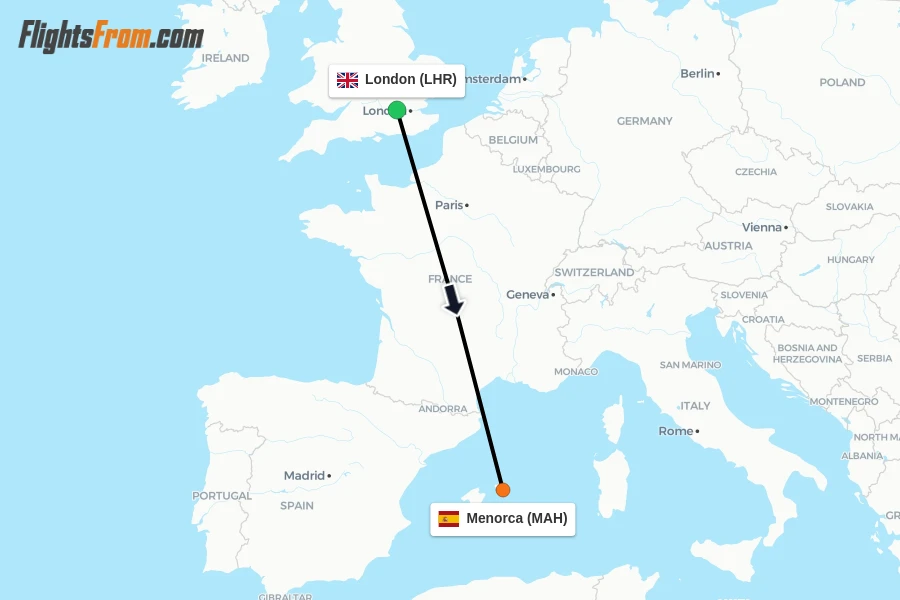 Flights from London to Menorca route map