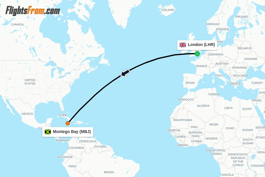 Flights from London to Montego Bay route map