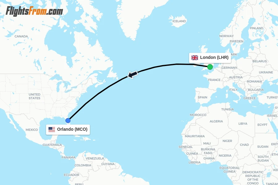 Flights from London to Orlando route map