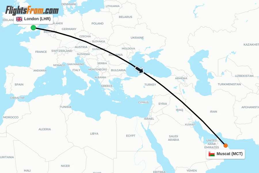 Flights from London to Muscat route map