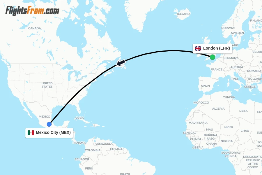 Flights from London to Mexico City route map
