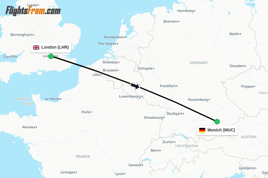 Flights from London to Munich route map