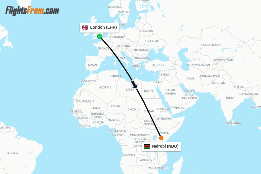 Flights from London to Nairobi route map