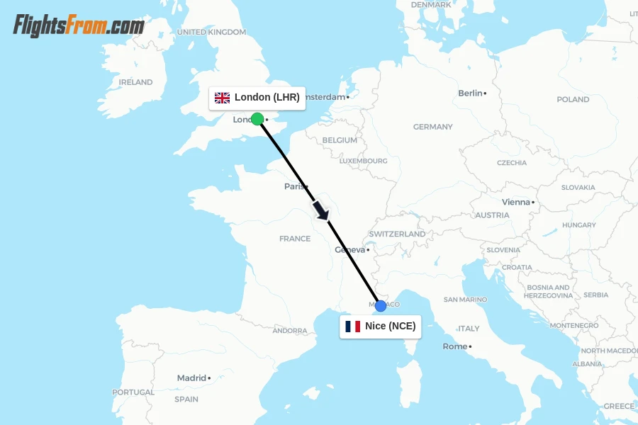 Flights from London to Nice route map