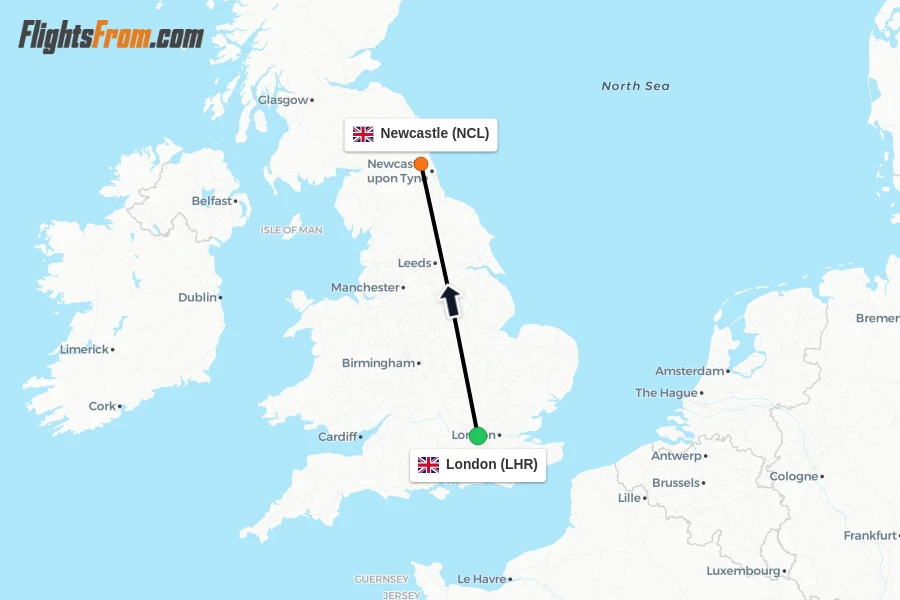 Flights from London to Newcastle route map