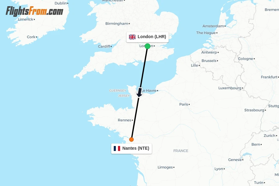 Flights from London to Nantes route map