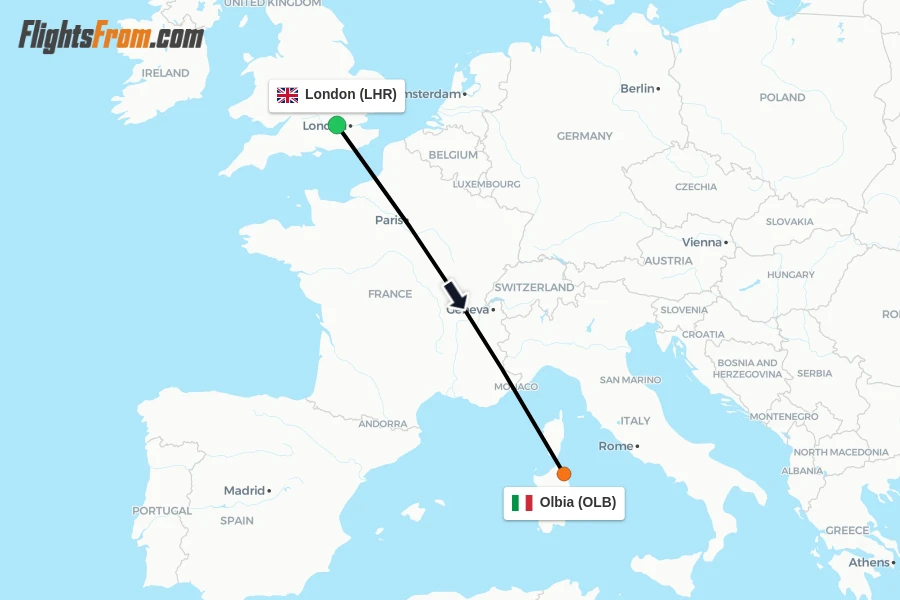 Flights from London to Olbia route map