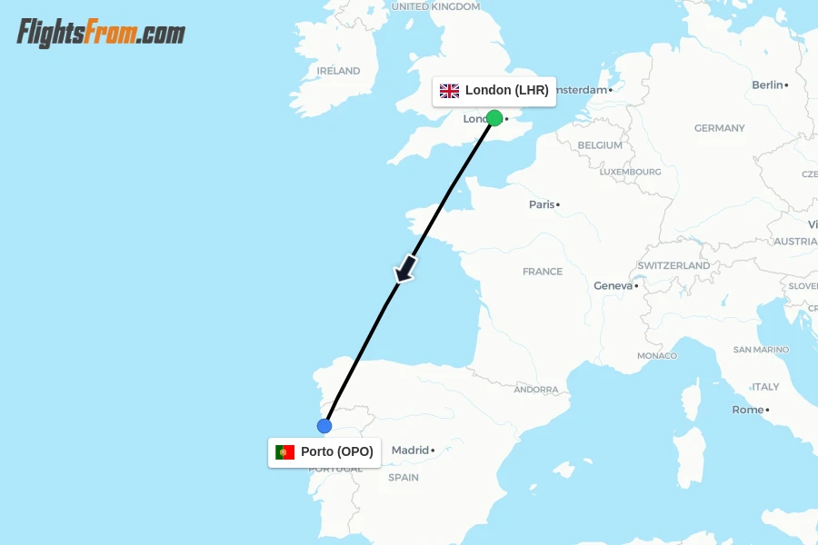 Flights from London to Porto route map