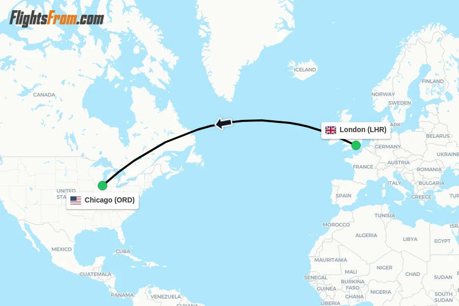 Flights from London to Chicago route map