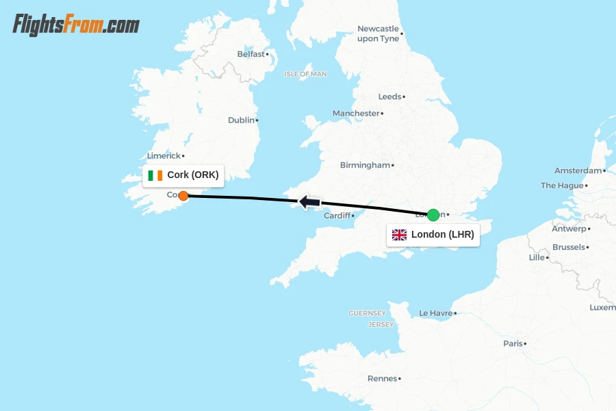 Flights from London to Cork route map