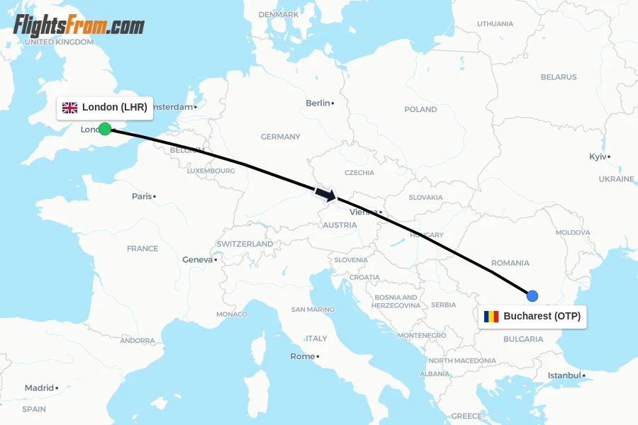 Flights from London to Bucharest route map