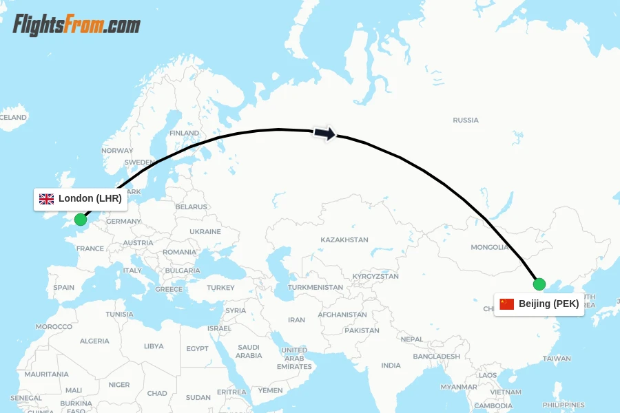 Flights from London to Beijing route map