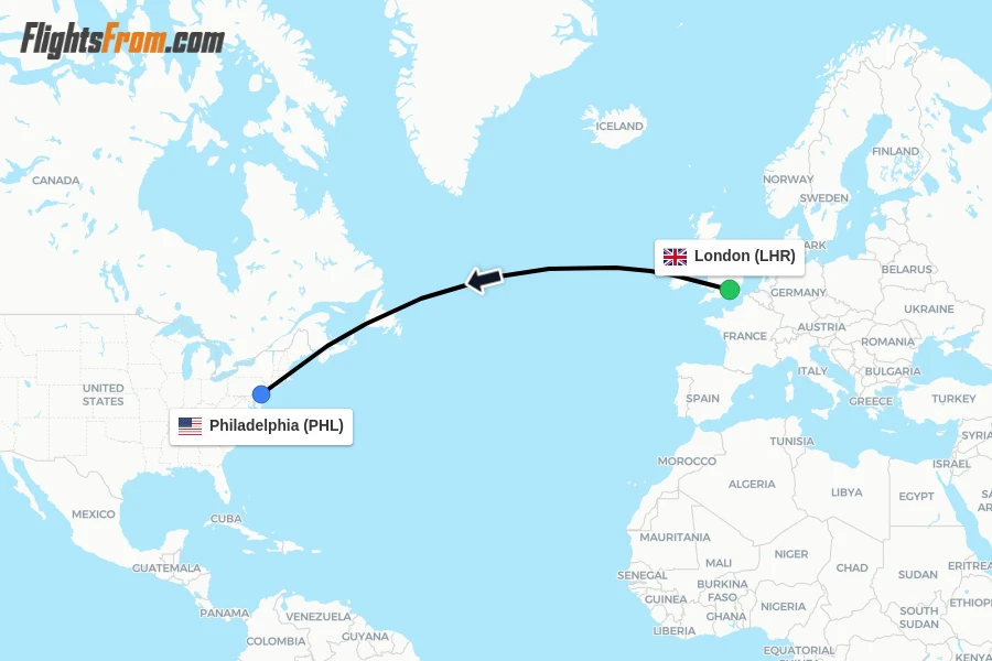 Flights from London to Philadelphia route map
