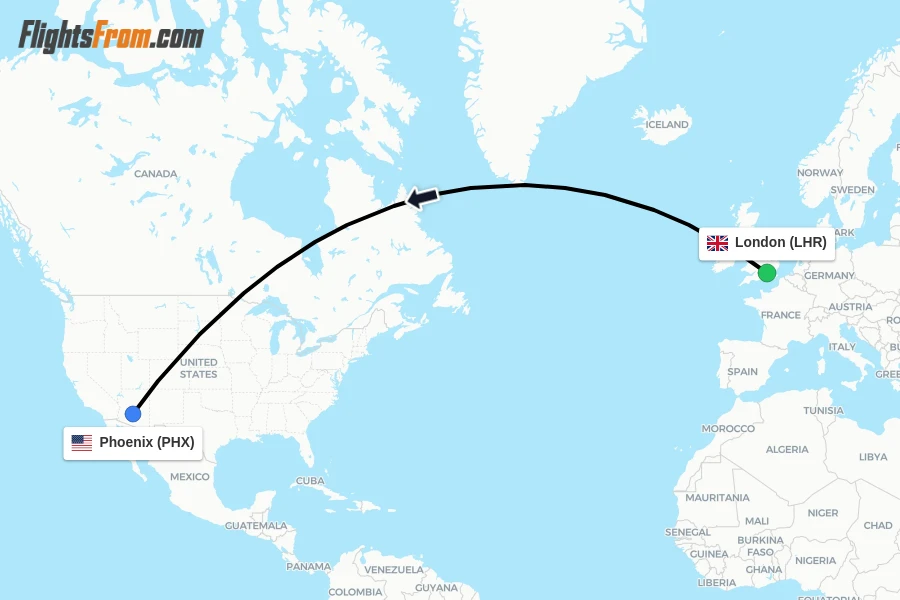 Flights from London to Phoenix route map